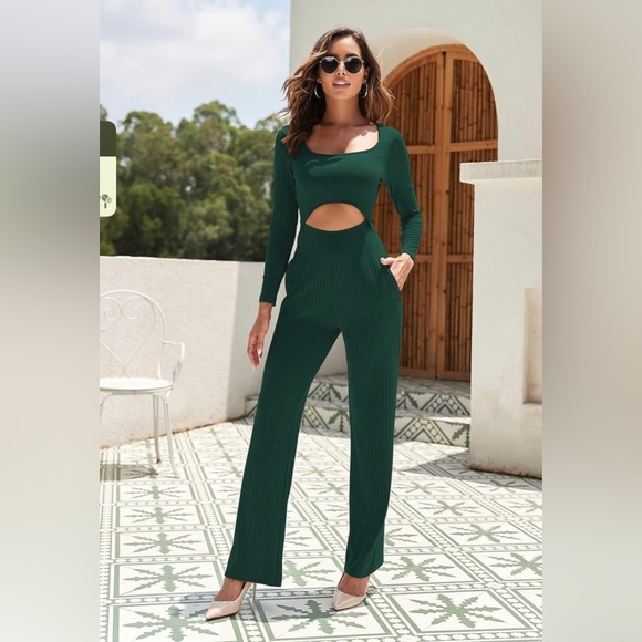 Fixmatti Womens Ribbed Wide Leg Jumpsuit Scoop Neck Long Sleeve Cutout Waist - Picture 1 of 8